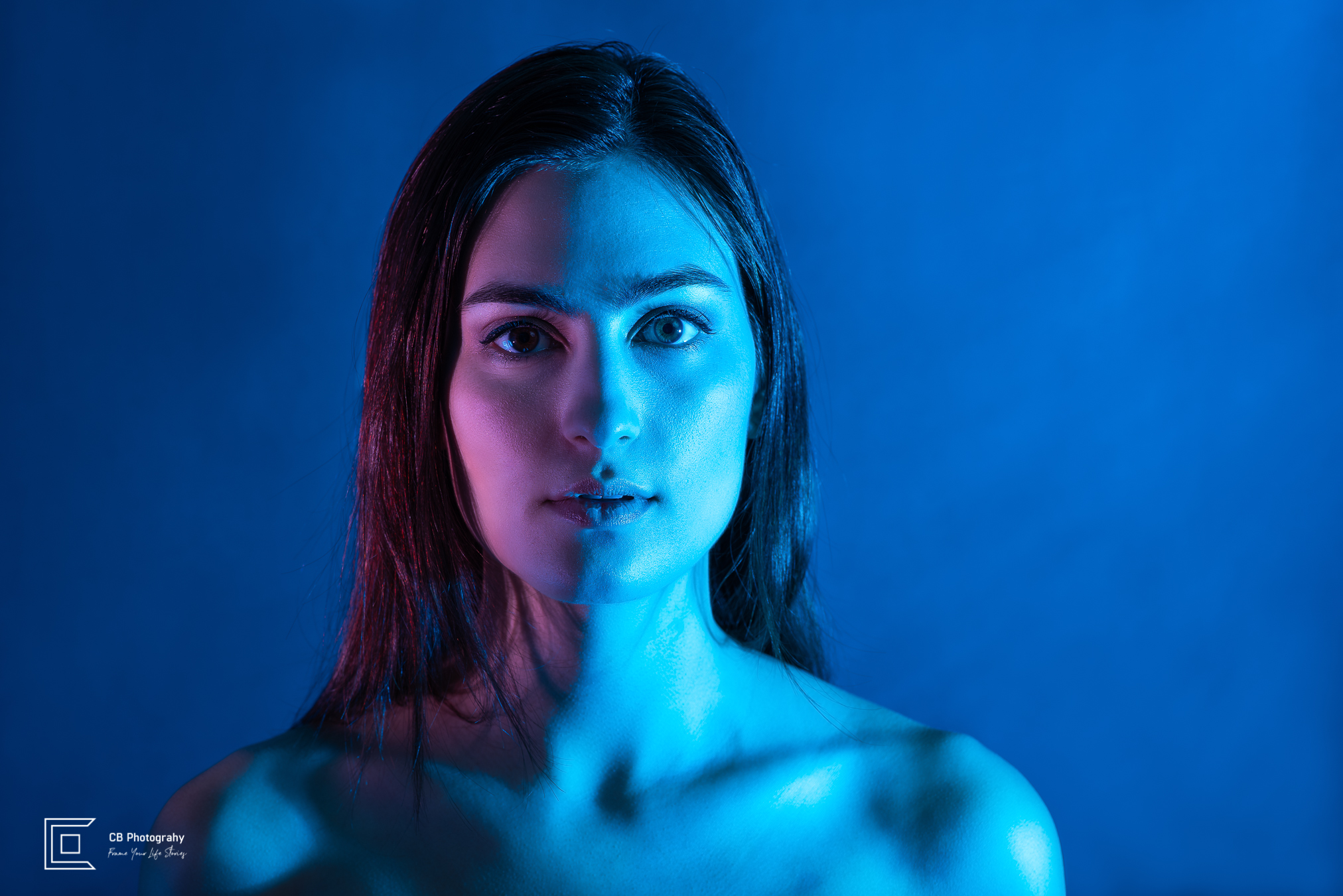 Creative studio headshot with blue and pink neon lights, Photography by the photographer in Manila, Cristian Bucur 